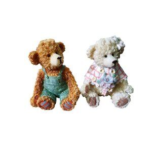 vintage 1980s pair of country style resin boy bear w/overalls girl bear w/shawl.